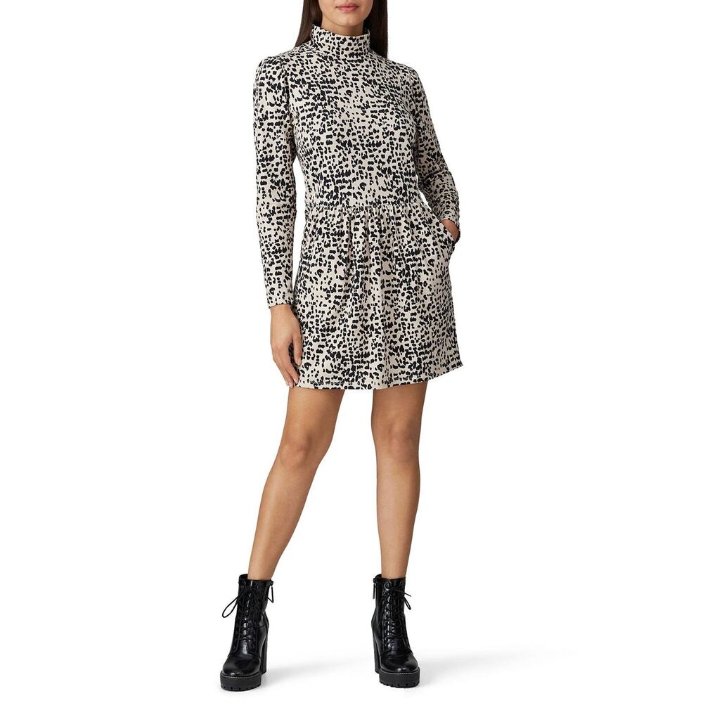 La Vie Rebecca Taylor White Black Dot Print High Neck A-Line Mini Dress Size M